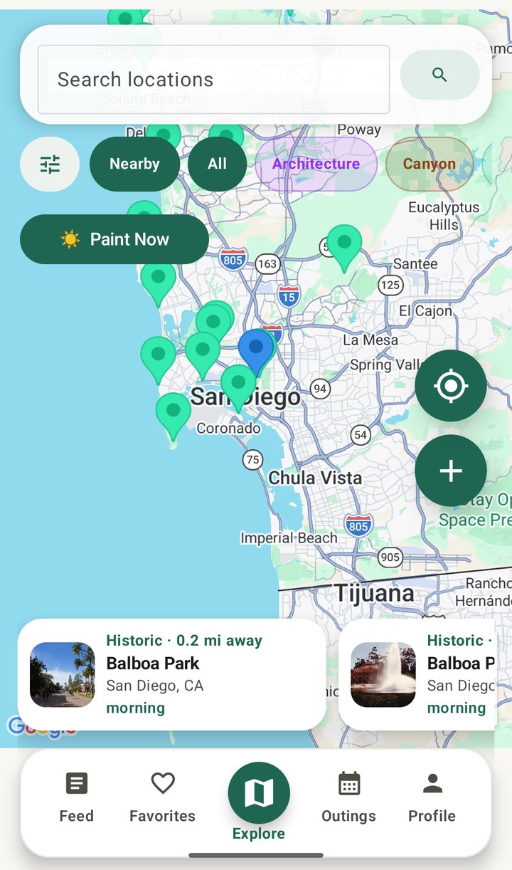PleinScout's Explore map of San Diego, with painting spot pins, a Paint Now button and a Balboa Park spot card